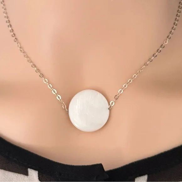 Sterling Silver Mother of Pearl Coin Pendant Necklace - Picture 4 of 8